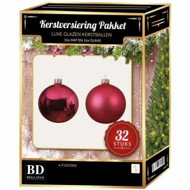 Fuchsia roze kerstversiering kerstballen 32-delig 6 cm / 8 cm / 10 cm