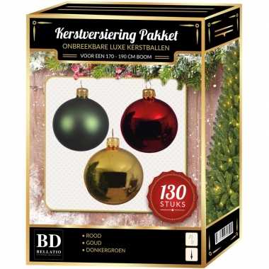 Gouden/donkergroene/rode kerstballen pakket 130-delig voor 180 cm boom