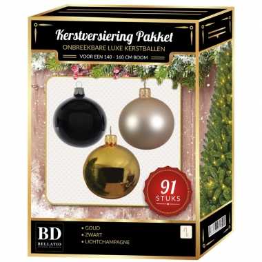 Gouden/licht champagne/zwarte kerstballen pakket 91-delig voor 150 cm boom
