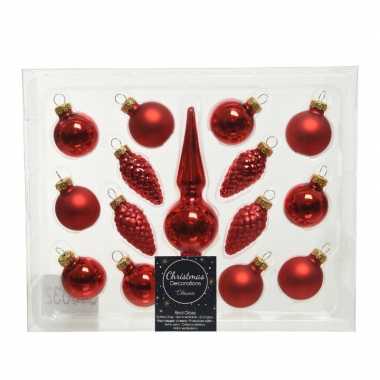 Kerst rode glazen kerstballen en piek set voor mini kerstboom 15-dlg