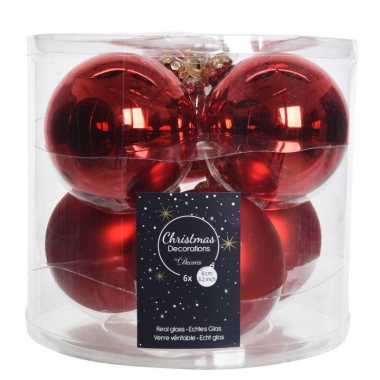 Kerstboomversiering kerst rode kerstballen van glas 8 cm 6 stuks