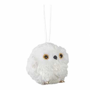 Kerstboomversiering kerstornamenten 1x witte pluche uil kerstballen 8 cm