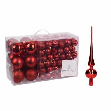 Kerstboomversiering pakket rode kunststof kerstballen en piek