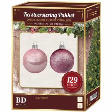 Lichtroze mix tinten kerstballen pakket 129-delig voor 180 cm boom