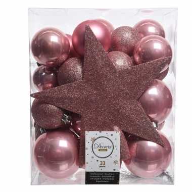 Luxe kerstballen pakket + piek oud roze kunststof 33 stuks