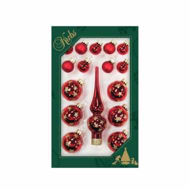 Luxe rode glazen kerstballen en piek set voor mini kerstboom 16-dlg