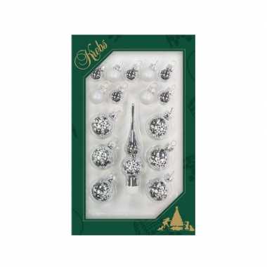 Luxe zilveren glazen kerstballen en piek set voor mini kerstboom 16-dlg