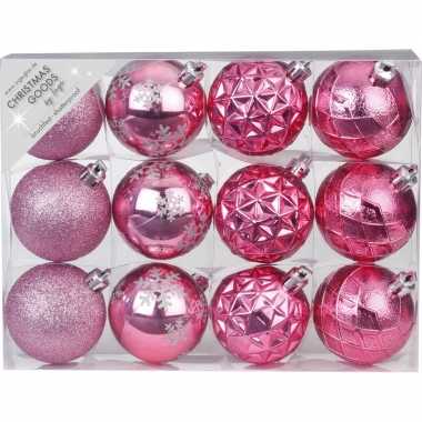 Set van 12 luxe roze kerstballen 6 cm kunststof mat/glans