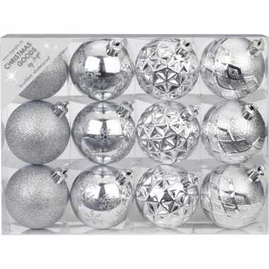 Set van 12 luxe zilveren kerstballen 6 cm kunststof mat/glans