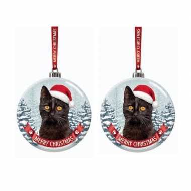 Set van 2x stuks glazen kerstballen kat/poes zwart 7 cm