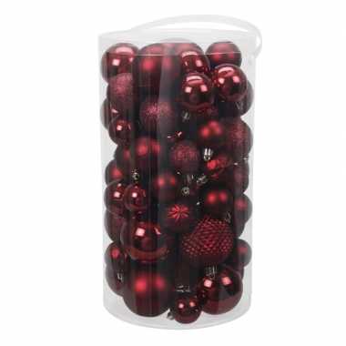 Tube 60x donkerrode kunststof kerstballen 4 -7 cm glans/mat/bewe