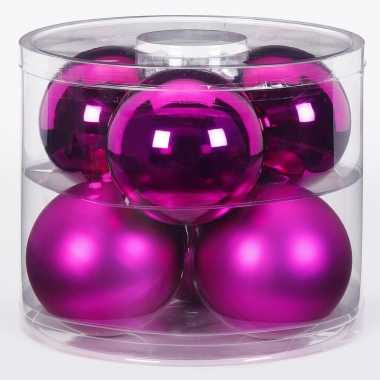 Tube met 12 fuchsia kerstballen van glas 10 cm glans en mat