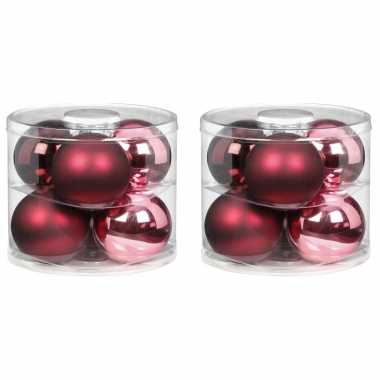 Tube met 12x roze/rode kerstballen van glas 10 cm glans en mat