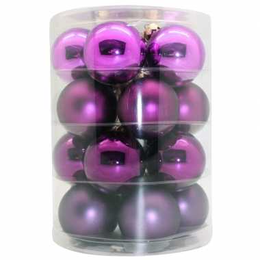 Tube met 20 paarse kerstballen van glas 6 cm glans en mat