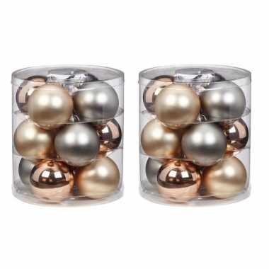 Tube met 24x champagne/zilveren kerstballen van glas 8 cm glans en mat