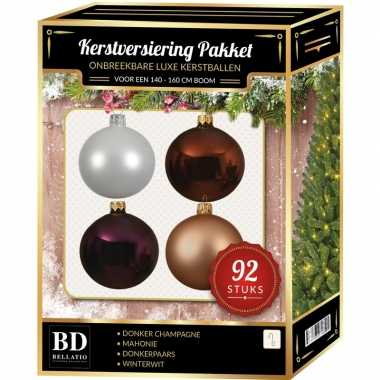 Wit/beige/bruin/paars kerstballen pakket 92-delig voor 150 cm boom