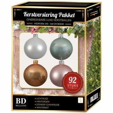 Wit/beige/mint/roze kerstballen pakket 92-delig voor 150 cm boom