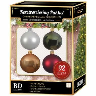 Wit/beige/rood/groen kerstballen pakket 92-delig voor 150 cm boom