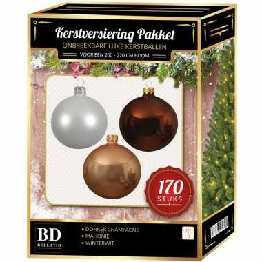 Witte/donker champagne/mahonie bruine kerstballen pakket 170-delig voor 210 cm boom
