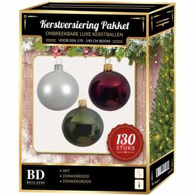 Witte/donkerrode/donkergroene kerstballen pakket 130-delig voor 180 cm boom