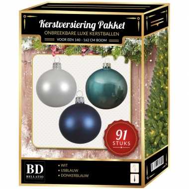 Witte/ijsblauwe/donkerblauwe kerstballen pakket 91-delig voor 150 cm boom