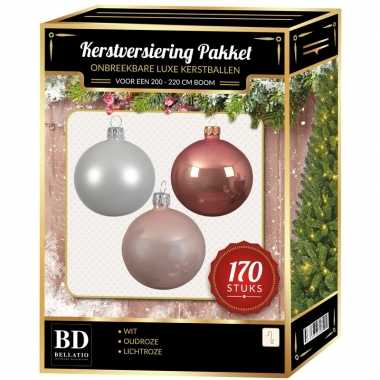 Witte/lichtroze/oud roze kerstballen pakket 170-delig voor 210 cm boom