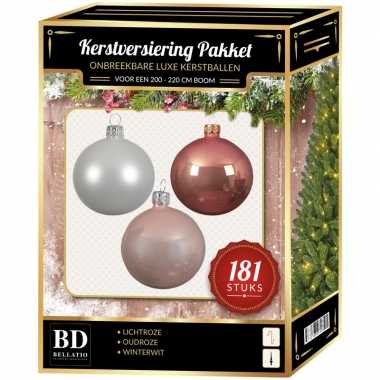 Witte/oudroze/lichtroze kerstballen pakket 181-delig voor 210 cm boom