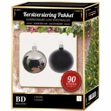 Zilver met zwart kerstballen pakket 90-delig voor 150 cm boom