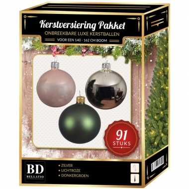 Zilveren/donkergroen/lichtroze kerstballen pakket 91-delig voor 150 cm boom