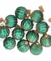 12x emerald groene glazen kerstballen met gouden design 8 cm