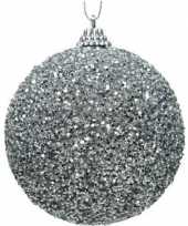 12x kerstballen zilveren glitters 8 cm met kralen kunststof kerstboom versiering decoratie
