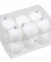 12x kleine kunststof kerstballen met sneeuw effect wit 8 cm