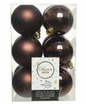 12x kunststof kerstballen glanzend mat donkerbruin 6 cm kerstboom versiering decoratie