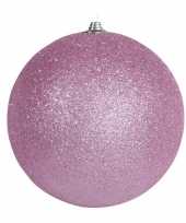 1x roze grote kerstballen met glitter kunststof 18 cm