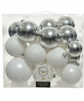 26 stuks kunststof kerstballen mix wit zilver 6 8 10 cm