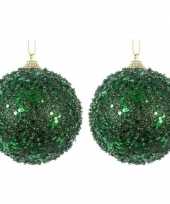 2x kerstballen donkergroene glitters 8 cm met glimmers kunststof kerstboom versiering decoratie