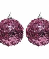 2x kerstballen fuchsia roze 8 cm met glimmende folie kunststof kerstboom versiering decoratie