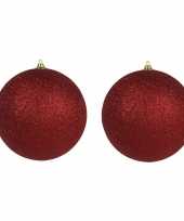 2x rode grote kerstballen met glitter kunststof 18 cm