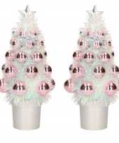 2x stuks kunstkerstboompjes compleet met kerstballen roze 20 cm