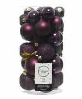 30x kunststof kerstballen glanzend mat glitter donkerpaars kerstboom versiering decoratie