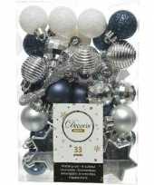 33x kunststof kerstballen mix donkerblauw wit zilver 3 4 cm kerstboom versiering decoratie