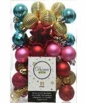 33x kunststof kerstballen mix rood fuchsia roze goud turkoois blauw 3 4 cm kerstboom versiering decoratie