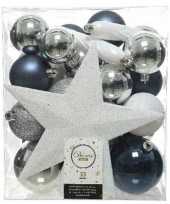 33x kunststof kerstballen mix zilver wit blauw 5 6 8 cm kerstboom versiering decoratie