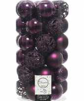 37x kunststof kerstballen mix aubergine paars 6 cm kerstboom versiering decoratie