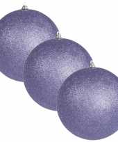 3x paarse grote kerstballen met glitter kunststof 13 5 cm