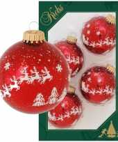4x glazen glanzende kerstballen rood met arrenslee opdruk 7 cm