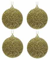 4x kerstballen gouden glitters 8 cm met kralen kunststof kerstboom versiering decoratie