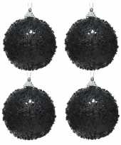 4x kerstballen zwarte glitters 8 cm met glimmers kunststof kerstboom versiering decoratie
