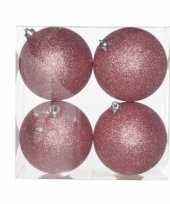 4x kunststof kerstballen glitter roze 10 cm kerstboom versiering decoratie