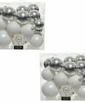 52x kunststof kerstballen mix wit zilver 6 8 10 cm